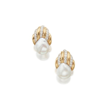 Catalog image of Pair of Gold, Cultured Pearl and Diamond Earclips