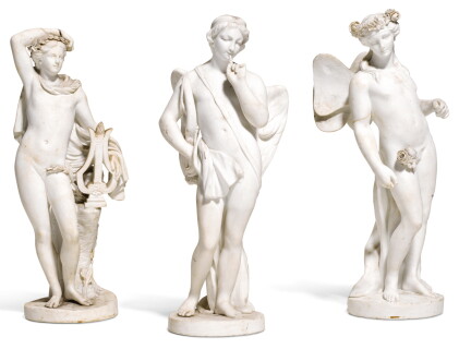 Catalog image of three sevres white biscuit mythological figures of cupid and psyche and a figur…