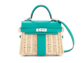 View 1 of Lot 8331: Vert Verone Swift and Osier Mini Picnic Kelly 20 Palladium Hardware, 2021 | 愛馬仕維羅納綠色 Swift 小牛皮拼編織柳條20公分迷你野餐凱莉包，配鍍鈀金屬件，2021年