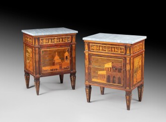 View 1 of Lot 41: A pair of marquetry commodes, Lombardia, early 19th century, circa 1810, attributed to Giovanni Maffezzoli | Paire de petites commodes en marqueterie, travail italien, Lombardie, du début du XIXe siècle, vers 1810, attribuée à Giovanni Maffezzoli