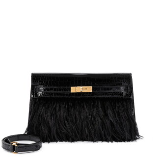 View 1 of Lot 521: Limited Edition Black Shiny Porosus Crocodile and Ostrich Feather Kelly Elan Gold Hardware, 2023