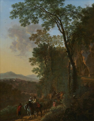 Catalog image of willem de heusch | an elegantly dressed couple on horseback on a path with othe…