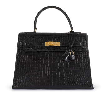 View 1 of Lot 23: Noir Crocodile Sellier Kelly 32 Gold Hardware, 1959