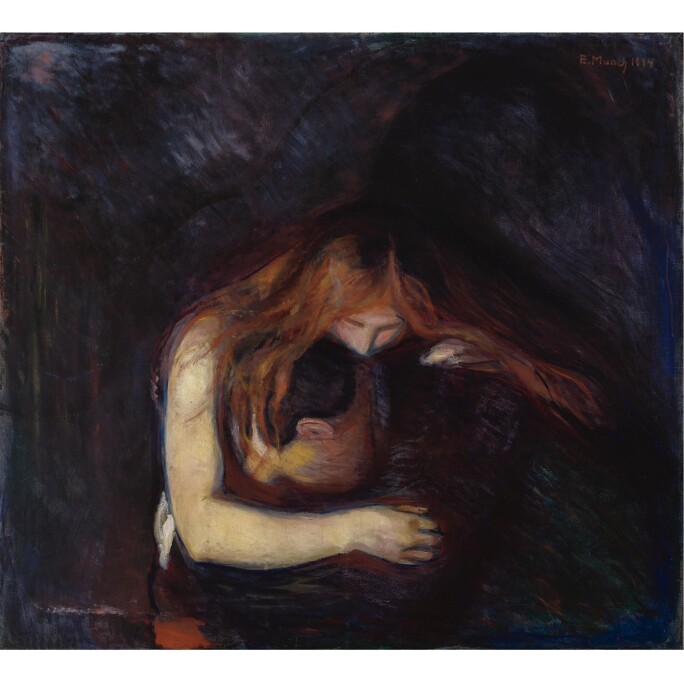 Edvard Munch painting of a vampire with long red hair sucking the blood of a man in black coat.