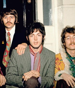Publicity photo of The Beatles (George Harrison, Ringo Starr, Paul McCartney and John Lennon) at Abbey Road Studios
