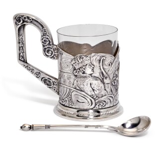 View 1 of Lot 236: A silver tea glass holder and a spoon, 4th Artel, Moscow, and Grachev Brothers, St Petersburg, 1908-1917