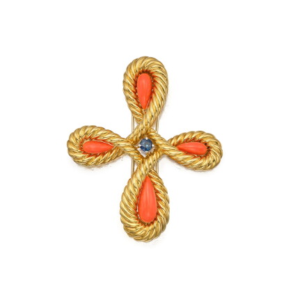 Catalog image of Gold, Coral and Sapphire Clip-Brooch, France