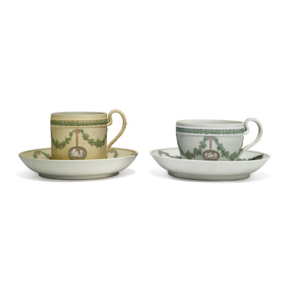Catalog image of two wedgwood three-color jasperware cups and saucers circa 1820