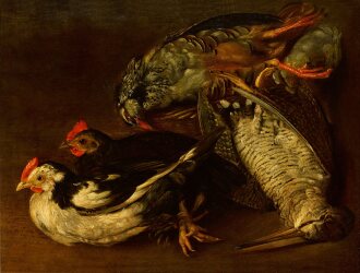 View 1 of Lot 60: A still life with a woodcock, red partridge, and two hens