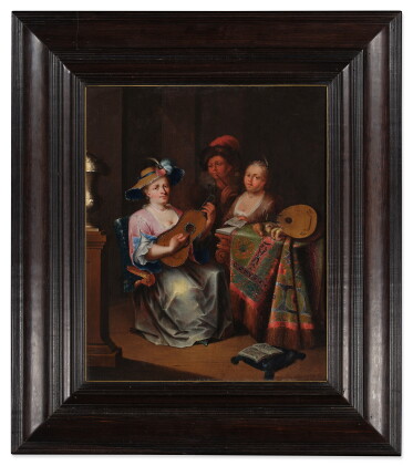 Catalog image of Two Women and a Man Making Music in an Interior
