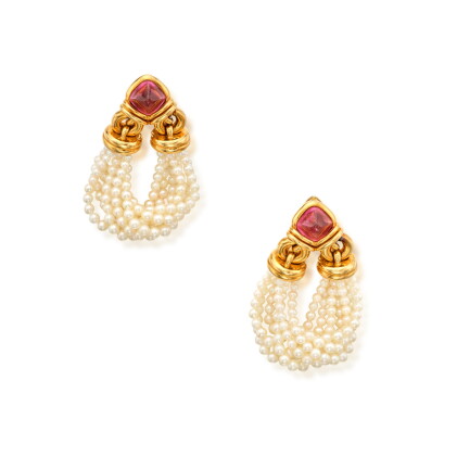 Catalog image of Pair of Gold, Tourmaline and Seed Pearl Earclips