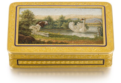 Catalog image of a gold and enamel snuff box with roman micromosaic panel, pierre-andré montauba…