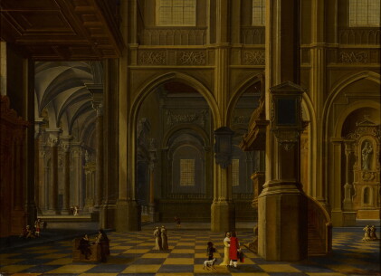 Catalog image of An interior of a Gothic cathedral with figures