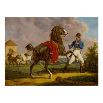 Catalog image of bernard édouard swebach | equerry with horse of louis xviii outside the royal stables