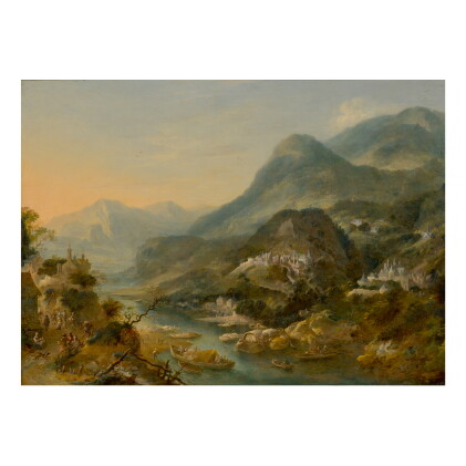 Catalog image of jan griffier the elder | a mountainous river landscape with figures and boats, …