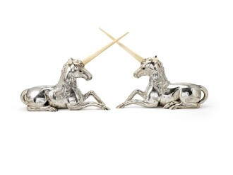 View 1 of Lot 334: A pair of Portuguese silver models of unicorns, Luiz Ferreira, Porto, modern