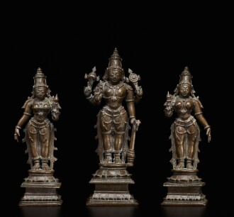 View 1 of Lot 853: A bronze figure of Vishnu with Shi Devi and Bhu Devi,  South India, 18th century