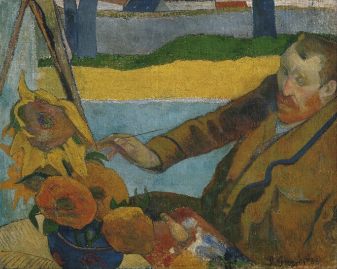 Gaugin's depiction of Van Gogh painting a blue vase filled with sunflowers.
