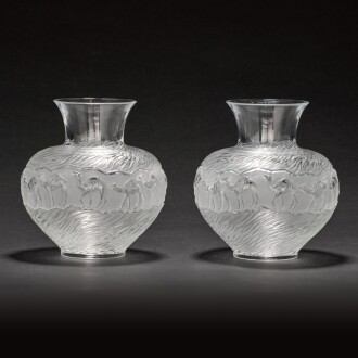 View 1 of Lot 50: A pair of Lalique glass camel vases, modern