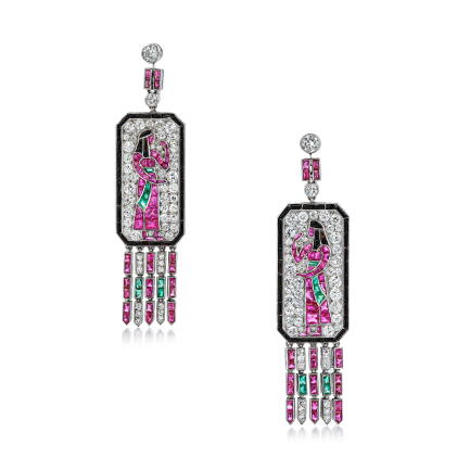 Catalog image of Rare and Important pair of gem set and diamond pendent earrings, circa 1925
