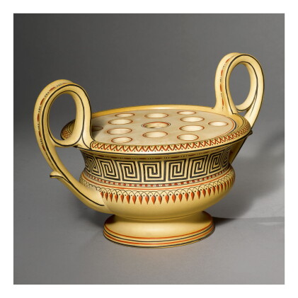 Catalog image of a wedgwood caneware two-handled krater vase and pierced cover late 18th century