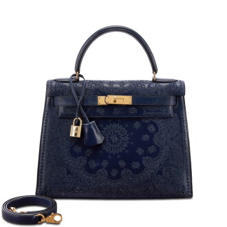 View 1 of Lot 557: Limited Edition Jay Ahr Bandana Act III Bleu Marine Vintage Box Kelly 28 Sellier Gold Hardware, 1996