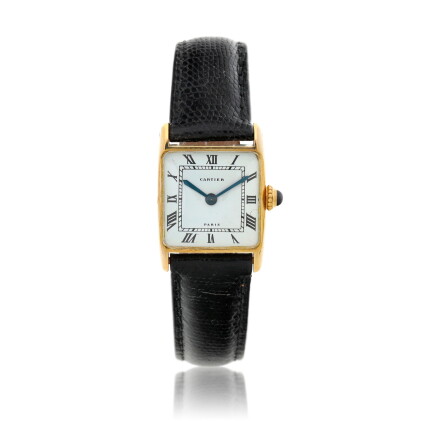 Catalog image of Tank Arrondie, A yellow gold rectangular wristwatch, Circa 1970