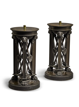 Catalog image of a pair of regency patinated bronze pedestals, circa 1810