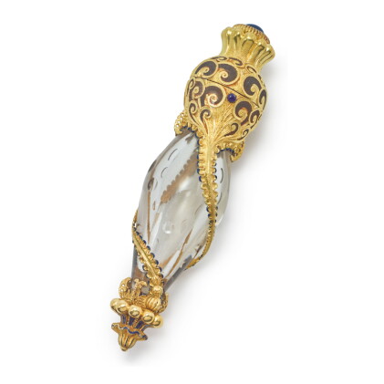 Catalog image of an american gold, enamel, and sapphire mounted perfume flask, possibly by tiffa…