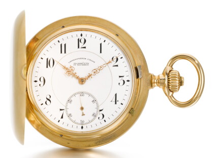 Catalog image of a gold hunting cased keyless lever chronometer circa 1905, no. 55659 [德國製黃金精密計時…