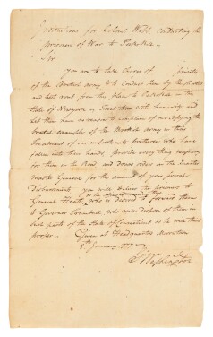 View 1 of Lot 513: Washington, George | The commander in chief orders that Redcoat prisoners be treated "with humanity, and Let them have no reason to Complain of our Copying the brutal example of the Brittish Army" 
