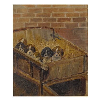 Catalog image of continental school, 19th century | puppies in a basket