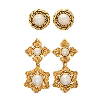 View 1 of Lot 11: Set of Two Vintage Imitation Pearl and Gold Plated Brass Clip On Earrings, 1985 and Vintage Imitation Pearl and Gold Plated Brass Drop Clip On Earrings, 1980s