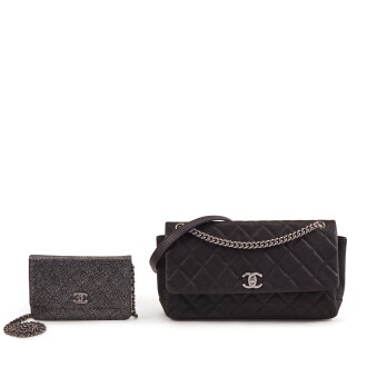 View 1 of Lot 162: Set of Two: Black Matte Quilted Caviar Leather Medium Lady Pearly Flap Bag Silver Hardware, 2012 and Black Pressed Glitter Quilted Caviar Leather Wallet On Chain, 2014