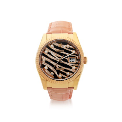 Catalog image of rolex | reference 116135 datejust 'the zebra' a pink gold and diamond-set autom…