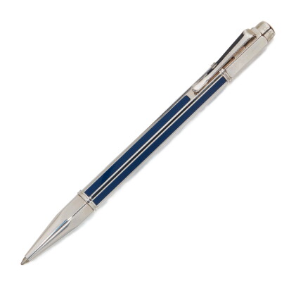 Catalog image of caran d'ache | a steel and blue striped ballpoint pen, circa 2000