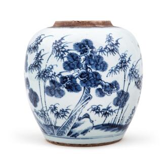 View 1 of Lot 934: A blue and white 'three friends of winter' ovoid jar, Qing dynasty, Kangxi period | 清康熙 青花歲寒三友圖罐