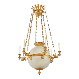 View 1 of Lot 9: A CHARLES X ORMOLU AND FROSTED GLASS CHANDELIER, CIRCA 1830