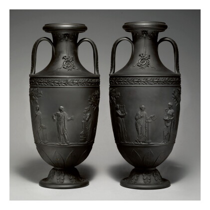 Catalog image of a pair of wedgwood black basalt large amphora vases circa 1840