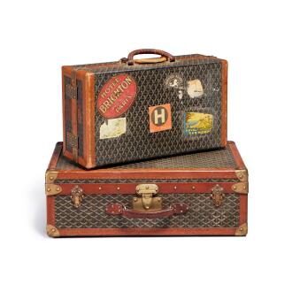 View 1 of Lot 12: Set of Two Vintage Goyardine Canvas Shoe Case Brass Hardware and Vintage Goyardine Canvas Trunk Brass Hardware