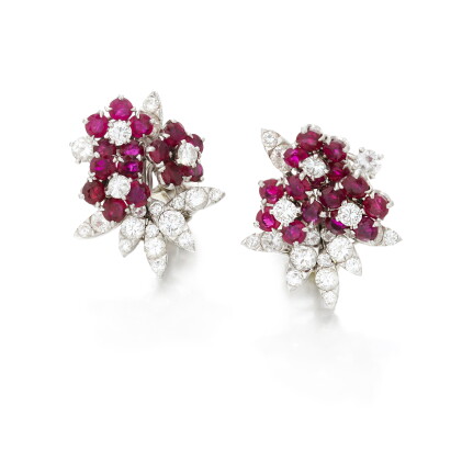 Catalog image of Van Cleef & Arpels, ruby and diamond ear clips (Van Cleef & Arpels,Orecchini in…