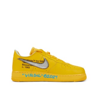 View 1 of Lot 1:  Virgil Abloh Signed Nike Air Force 1 Low OFF-WHITE University Gold Metallic Silver | Size 10.5