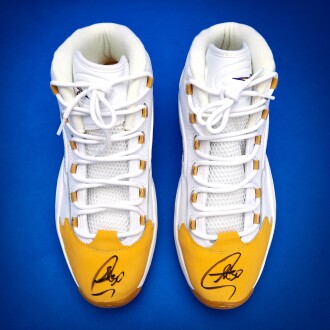 View 1 of Lot 20: Stephen Curry 2025-2026 Christmas Day Tunnel Worn Dual-Signed Reebok Question Mid 'Yellow Toe' 