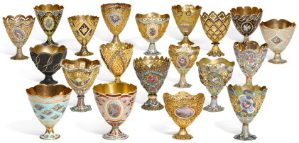 Catalog image of an important collection of twenty enamelled gold and gilt zarfs, made for the o…