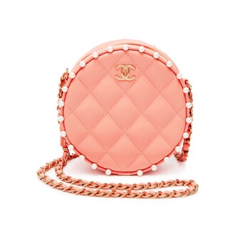 View 1 of Lot 8522: Pink Round Chain Clutch in Quilted Lambskin and Pearl Detailing with Gold tone Hardware, 2019