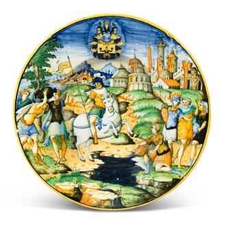 View 1 of Lot 171: An Italian maiolica armorial istoriato dish from the Scheuffelin Service, circa 1560, Urbino