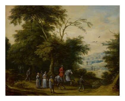 Catalog image of attributed to adriaen van stalbemt | a wooded landscape with a cavalryman and o…