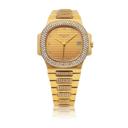 Catalog image of nautilus, ref 3800/5 yellow gold and diamond-set wristwatch with date and brace…