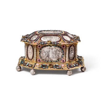 View 1 of Lot 273: The Rothschild jewelled silver-gilt casket; the large octagonal casket, Hans Jakob Mair, the silver reliefs, Lorenz I Biller, Augsburg, circa 1663