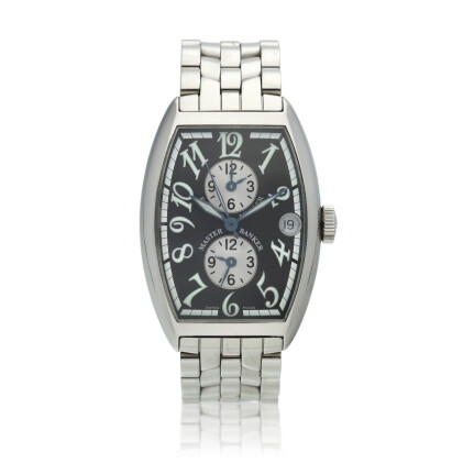 Catalog image of Reference 5850 MB Master Banker A stainless steel tonneau shaped automatic trip…